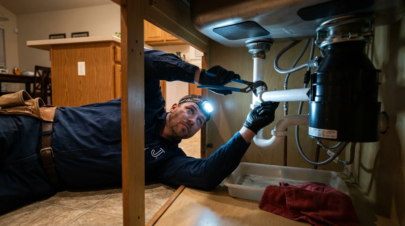 P-trap and supply line connections under a kitchen sink showing a common leak point in Uniontown, OH